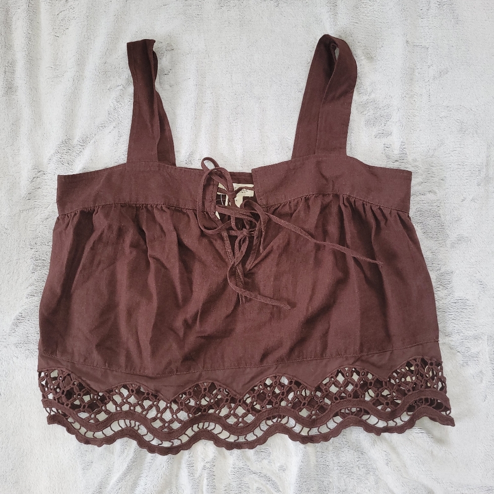 Rachel Zoe Womens Large Brown Linen Blend Cropped Tank Top Boho Concert Festival